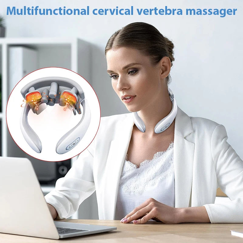 Smart Electric Pulse Neck Massager with Heat – Cordless 4-Head TENS Cervical Massager for Pain Relief – 6 Modes & USB Rechargeable