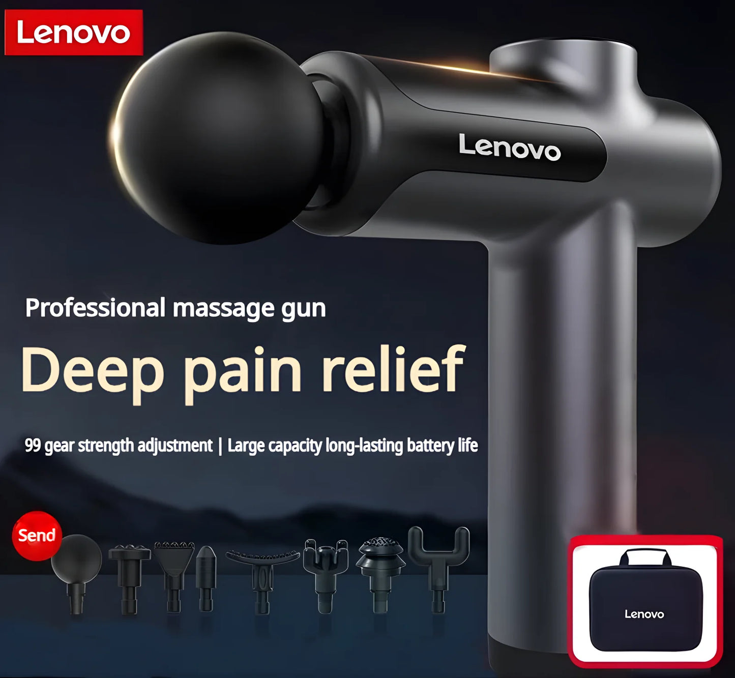 Lenovo Professional Deep Tissue Massage Gun – 99 Speed Levels Percussion Muscle Massager for Pain Relief & Recovery – Handheld Fascia Gun with 8 Heads & Carrying Case