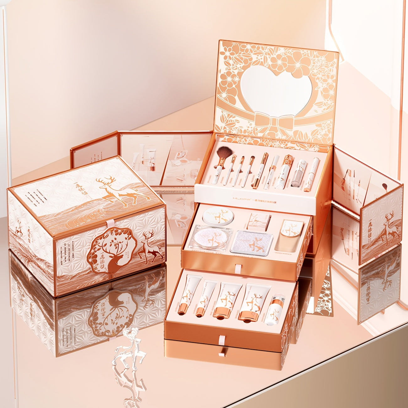 Premium 3-Tier Vanity Case Beauty Kit | Complete Makeup and Skincare Collection in Reusable Rose Gold Jewelry Box Organizer