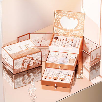 Premium 3-Tier Vanity Case Beauty Kit | Complete Makeup and Skincare Collection in Reusable Rose Gold Jewelry Box Organizer