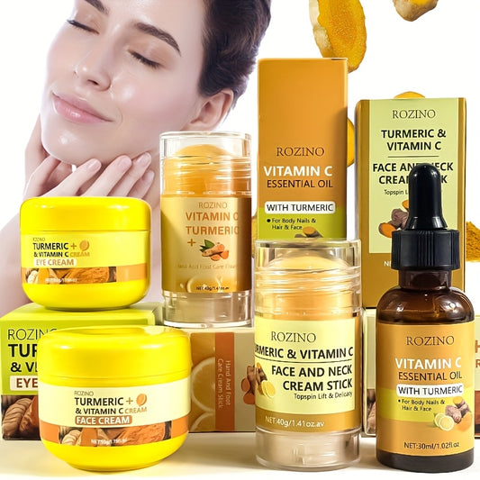 5Pcs Turmeric Vitamin C Skincare Set – Brightening Face & Body Care Kit – Anti-Aging Routine for Dark Spots, Acne & Uneven Skin Tone – Includes Serum, Cream & Cleanser