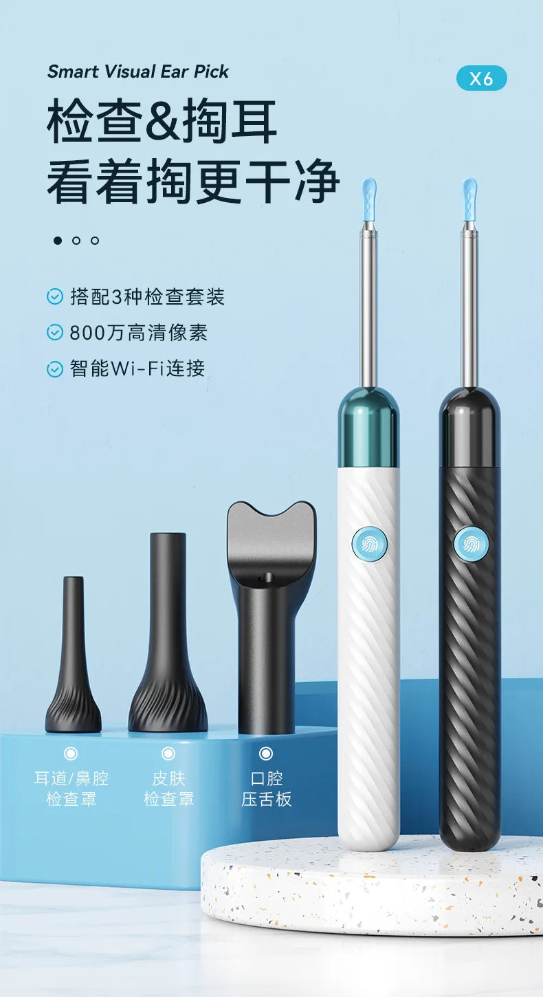 Wireless Ear Wax Removal Tool with 8MP Camera – Smart Visual Ear Cleaner Otoscope with Light – Waterproof Earwax Remover Kit with Silicone Scoops for iPhone & Android