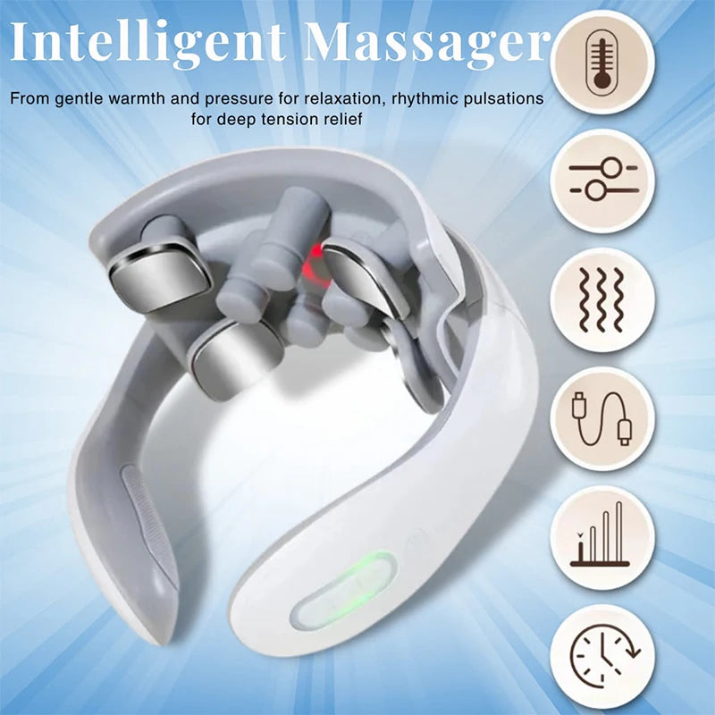 Smart Electric Pulse Neck Massager with Heat – Cordless 4-Head TENS Cervical Massager for Pain Relief – 6 Modes & USB Rechargeable