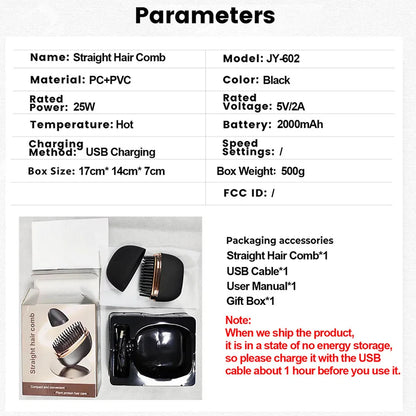 Portable Wireless Hair Straightener Brush – Mini USB Rechargeable Hot Comb – Cordless Travel Hair Styler for Touch-Ups, Frizz Control & Bangs (Anti-Scald Design)