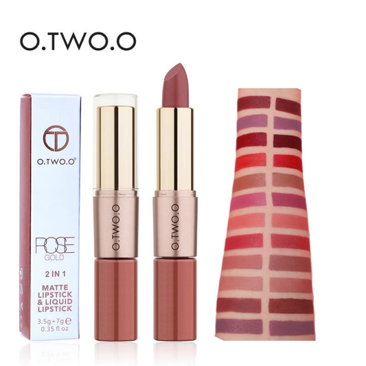 O.TWO.O 2-in-1 Matte Lipstick & Liquid Lipstick Duo – Double-Ended Waterproof Lip Makeup – Long Lasting Velvet Lip Gloss & Stick Combo (12 Colors)