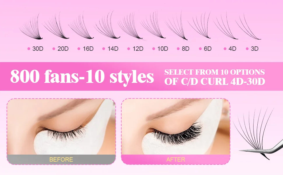 Pointy Base Premade Volume Lash Extensions – Loose Promade Fans Box – 6D/8D/10D Mega Volume Eyelash Extension Supplies for Professionals (Matte Black)