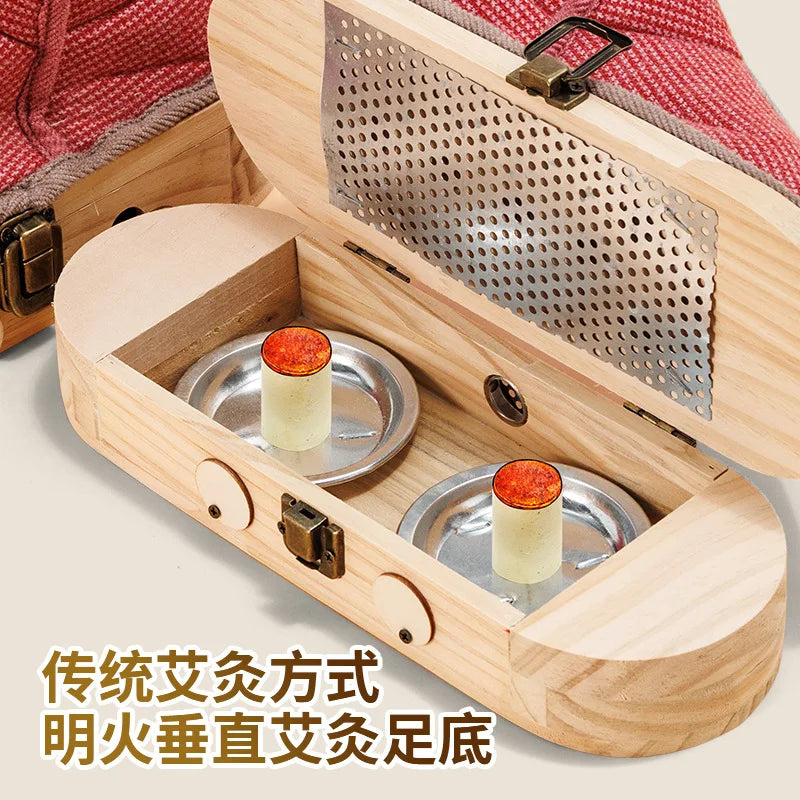 Wooden Moxibustion Foot Massager Shoes – Portable Moxa Box Boots for Herbal Heat Therapy – Traditional Chinese Medicine Tool for Detox, Circulation & Cold Feet Relief