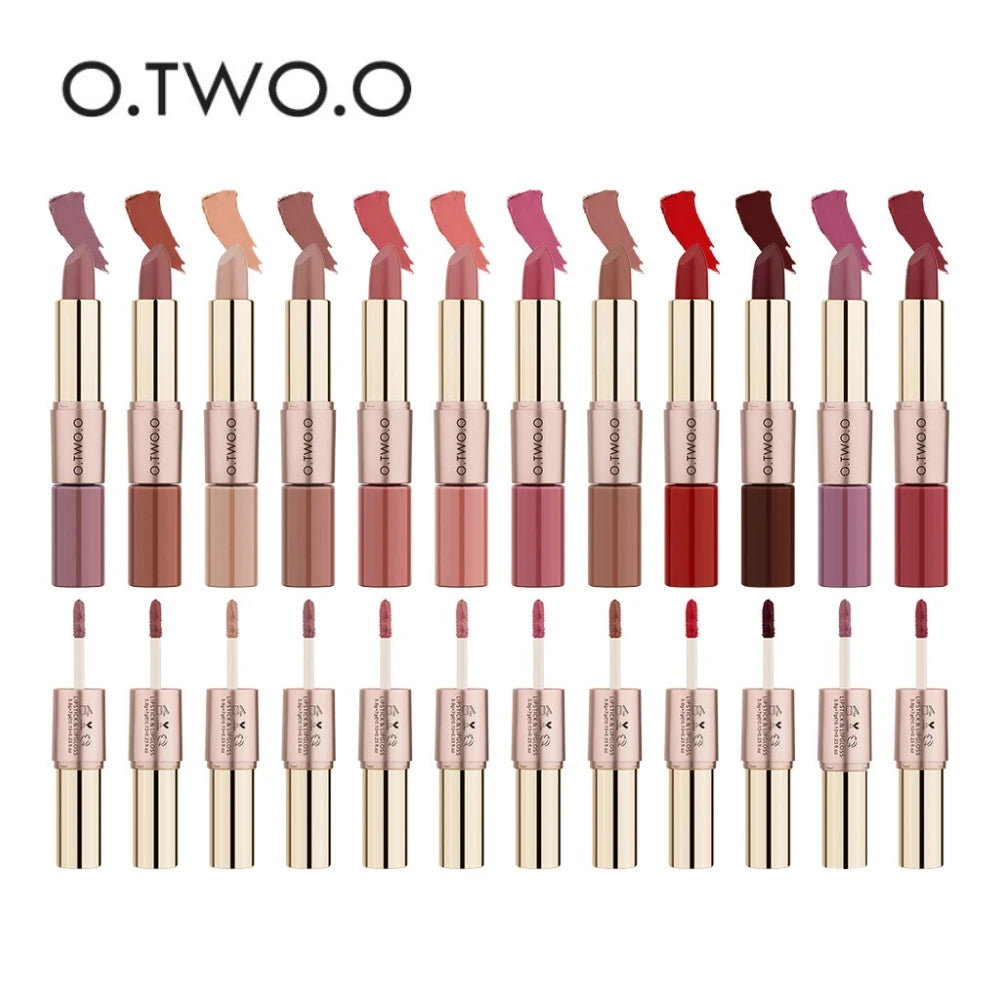 O.TWO.O 2-in-1 Matte Lipstick & Liquid Lipstick Duo – Double-Ended Waterproof Lip Makeup – Long Lasting Velvet Lip Gloss & Stick Combo (12 Colors)