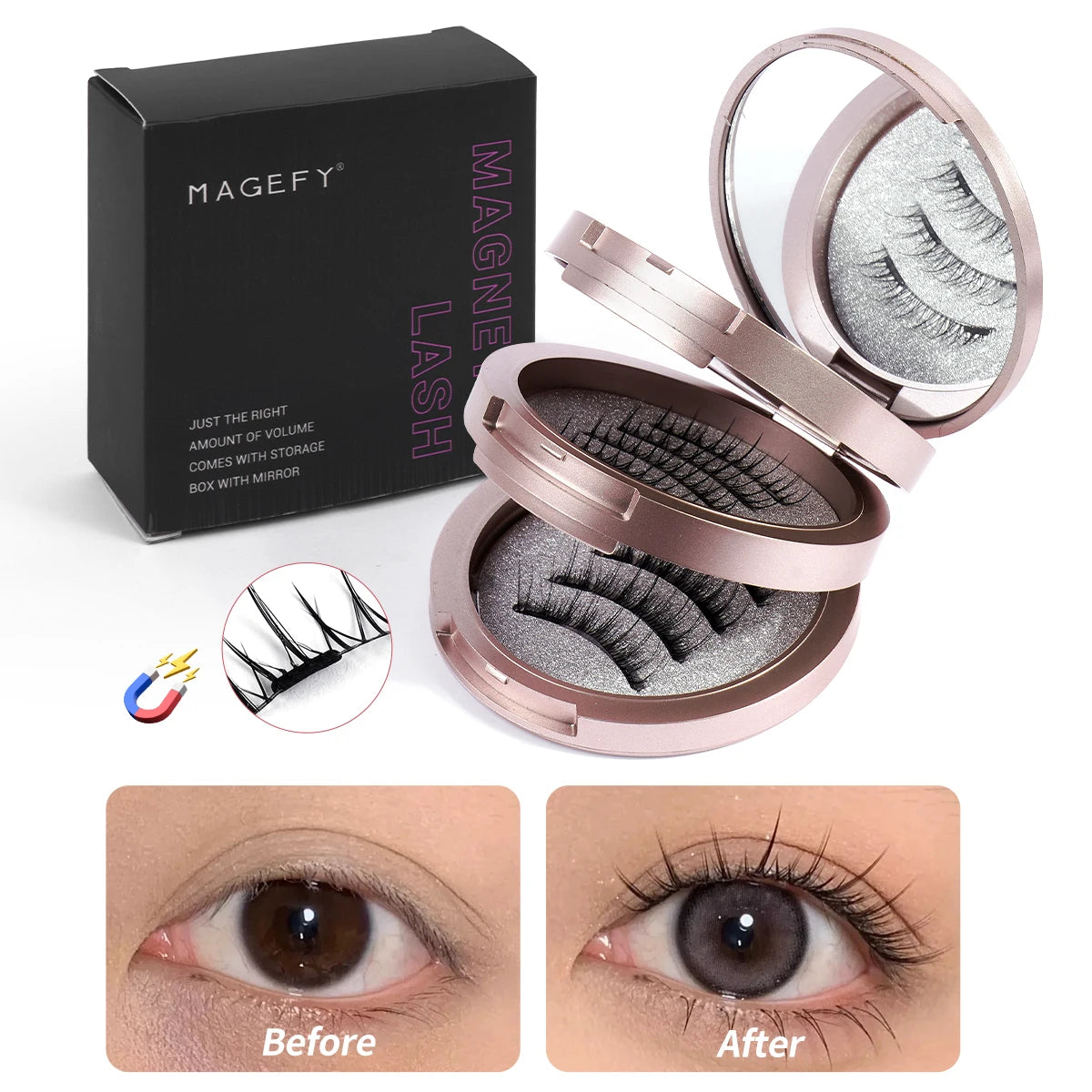 MAGEFY 3 Pairs Magnetic Eyelashes with Applicator – Glue-Free Reusable False Lashes Kit – Natural Look Wispy Extension Set with Portable Mirror Case for Travel