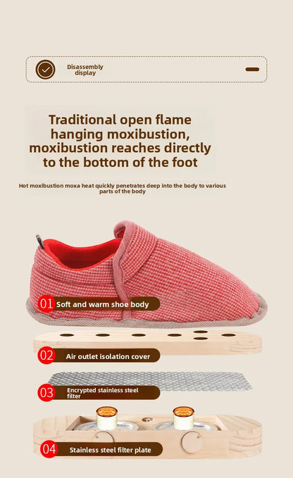 Wooden Moxibustion Foot Massager Shoes – Portable Moxa Box Boots for Herbal Heat Therapy – Traditional Chinese Medicine Tool for Detox, Circulation & Cold Feet Relief