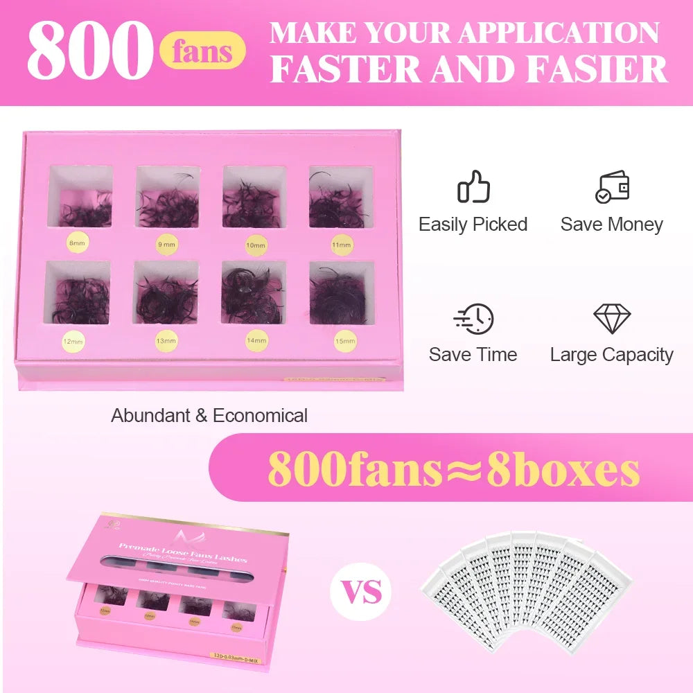 Pointy Base Premade Volume Lash Extensions – Loose Promade Fans Box – 6D/8D/10D Mega Volume Eyelash Extension Supplies for Professionals (Matte Black)