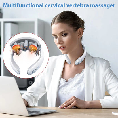 Smart Electric Pulse Neck Massager with Heat – Cordless 4-Head TENS Cervical Massager for Pain Relief – 6 Modes & USB Rechargeable