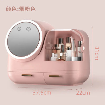 Creative LED Cosmetic Storage Box with Mirror – Dustproof & Waterproof Makeup Organizer for Skincare & Perfume – Portable Large Capacity Beauty Case
