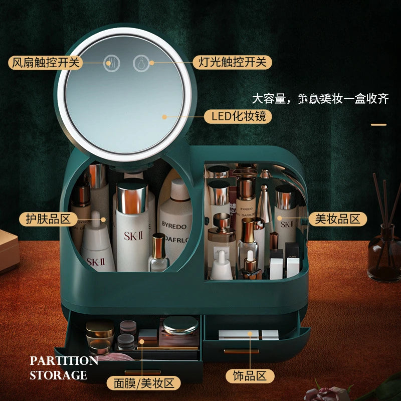 Creative LED Cosmetic Storage Box with Mirror – Dustproof & Waterproof Makeup Organizer for Skincare & Perfume – Portable Large Capacity Beauty Case