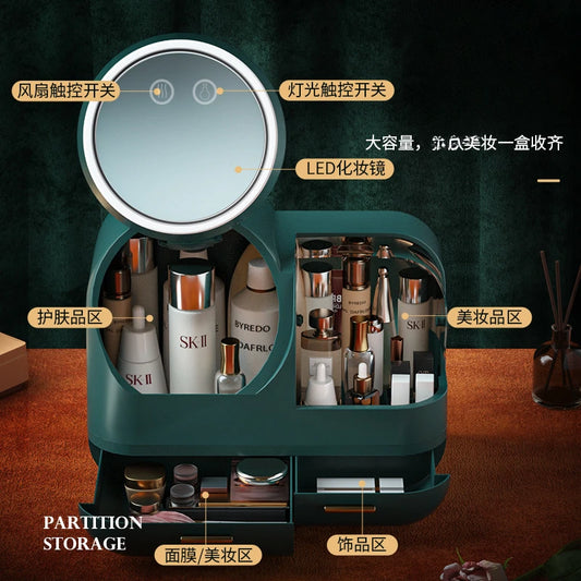 Creative LED Cosmetic Storage Box with Mirror – Dustproof & Waterproof Makeup Organizer for Skincare & Perfume – Portable Large Capacity Beauty Case