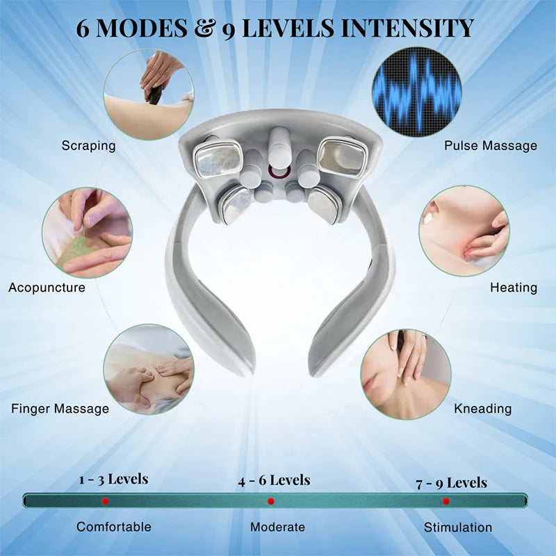 Smart Electric Pulse Neck Massager with Heat – Cordless 4-Head TENS Cervical Massager for Pain Relief – 6 Modes & USB Rechargeable