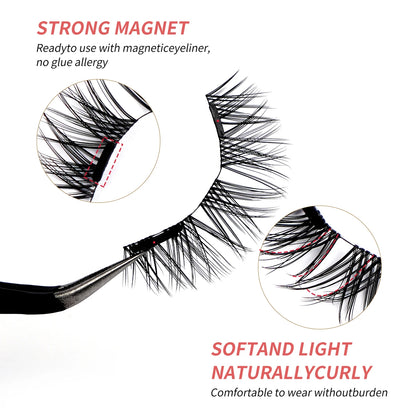 MAGEFY 3 Pairs Magnetic Eyelashes with Applicator – Glue-Free Reusable False Lashes Kit – Natural Look Wispy Extension Set with Portable Mirror Case for Travel