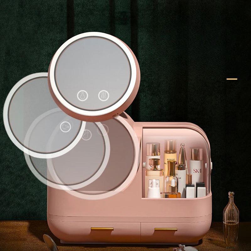 Creative LED Cosmetic Storage Box with Mirror – Dustproof & Waterproof Makeup Organizer for Skincare & Perfume – Portable Large Capacity Beauty Case