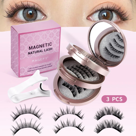 MAGEFY 3 Pairs Magnetic Eyelashes with Applicator – Glue-Free Reusable False Lashes Kit – Natural Look Wispy Extension Set with Portable Mirror Case for Travel