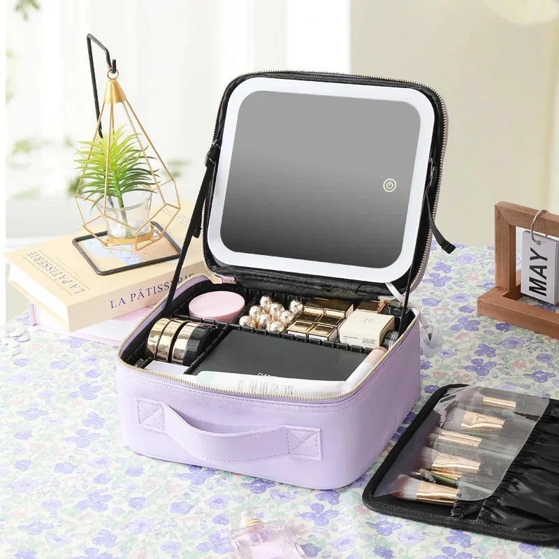 Large Capacity Professional Makeup Case with LED Mirror – Portable Cosmetic Train Case with Adjustable Dividers – Waterproof Travel Organizer Bag with Touch Light
