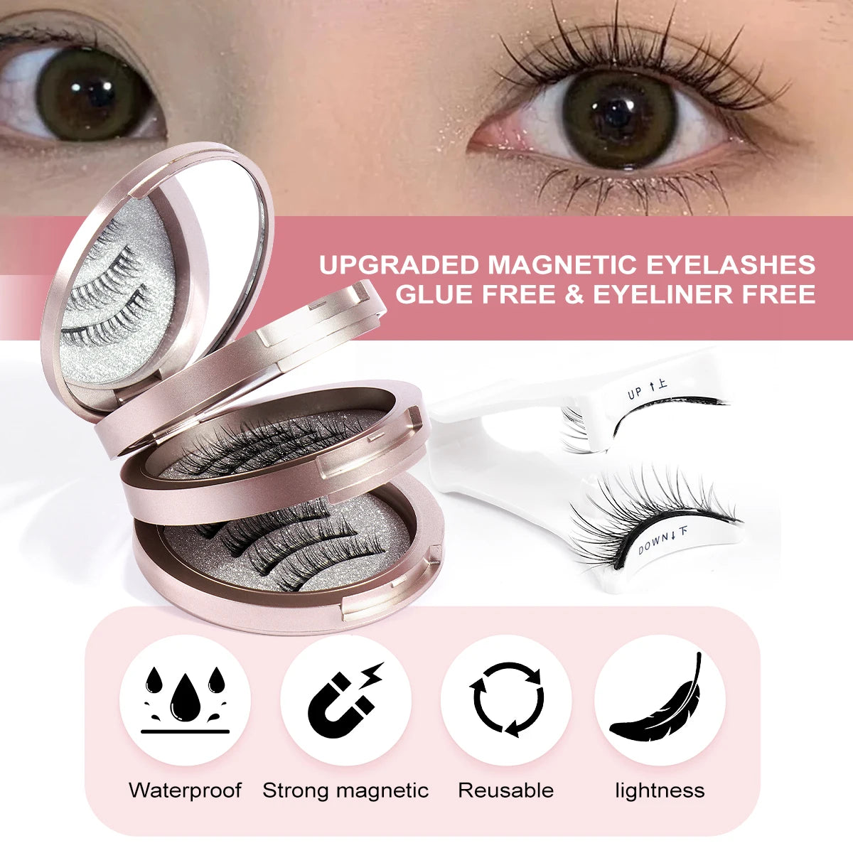 MAGEFY 3 Pairs Magnetic Eyelashes with Applicator – Glue-Free Reusable False Lashes Kit – Natural Look Wispy Extension Set with Portable Mirror Case for Travel