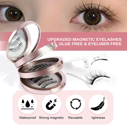MAGEFY 3 Pairs Magnetic Eyelashes with Applicator – Glue-Free Reusable False Lashes Kit – Natural Look Wispy Extension Set with Portable Mirror Case for Travel