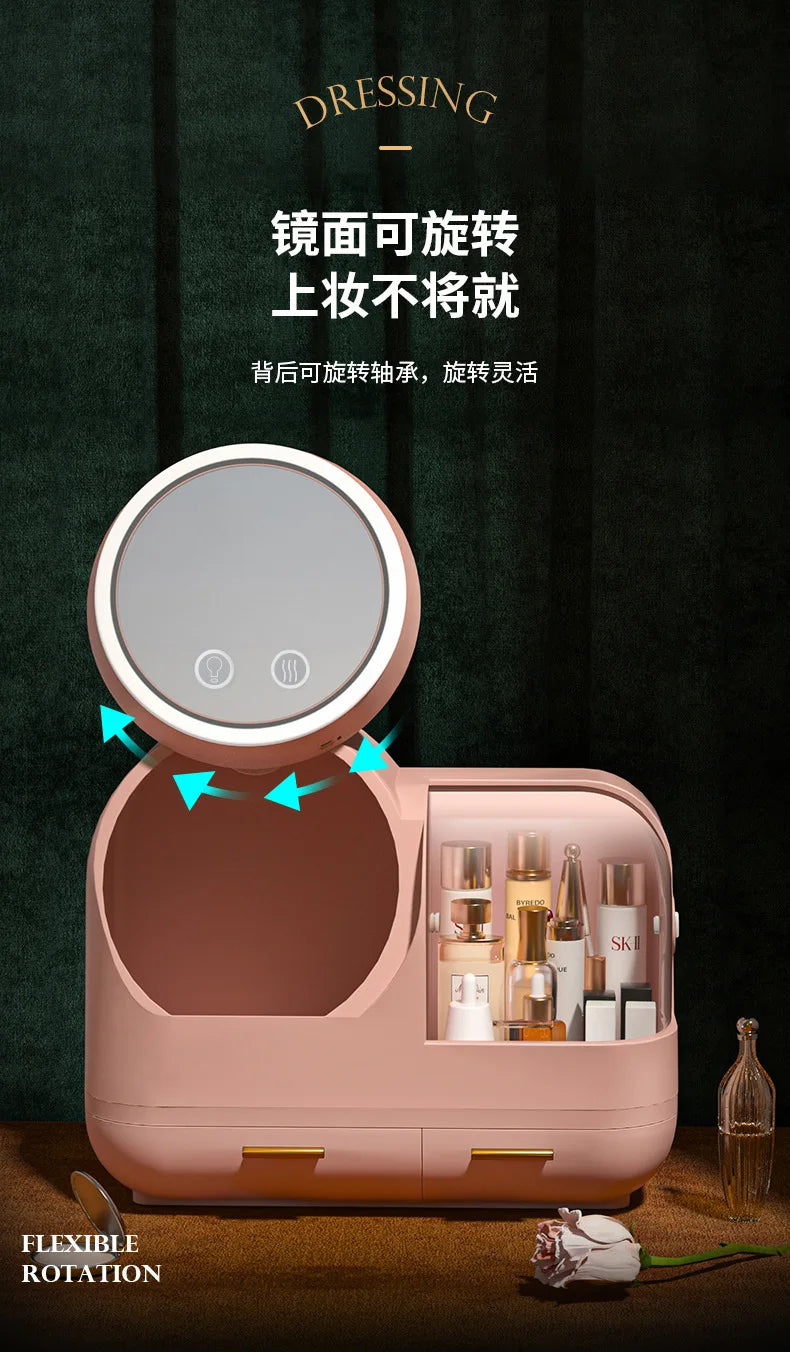 Creative LED Cosmetic Storage Box with Mirror – Dustproof & Waterproof Makeup Organizer for Skincare & Perfume – Portable Large Capacity Beauty Case
