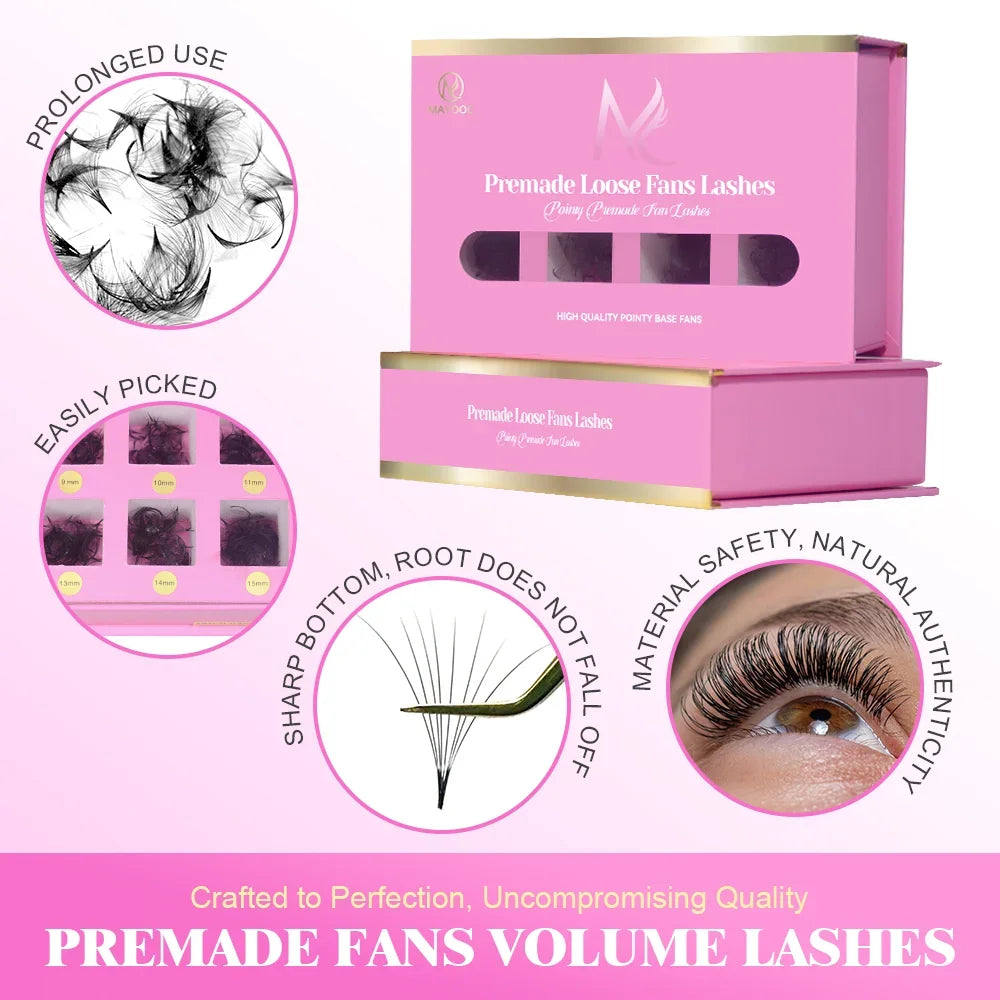 Pointy Base Premade Volume Lash Extensions – Loose Promade Fans Box – 6D/8D/10D Mega Volume Eyelash Extension Supplies for Professionals (Matte Black)