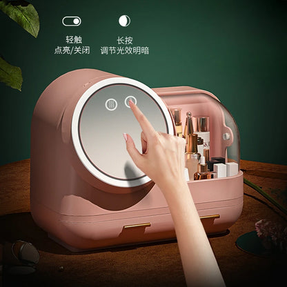 Creative LED Cosmetic Storage Box with Mirror – Dustproof & Waterproof Makeup Organizer for Skincare & Perfume – Portable Large Capacity Beauty Case