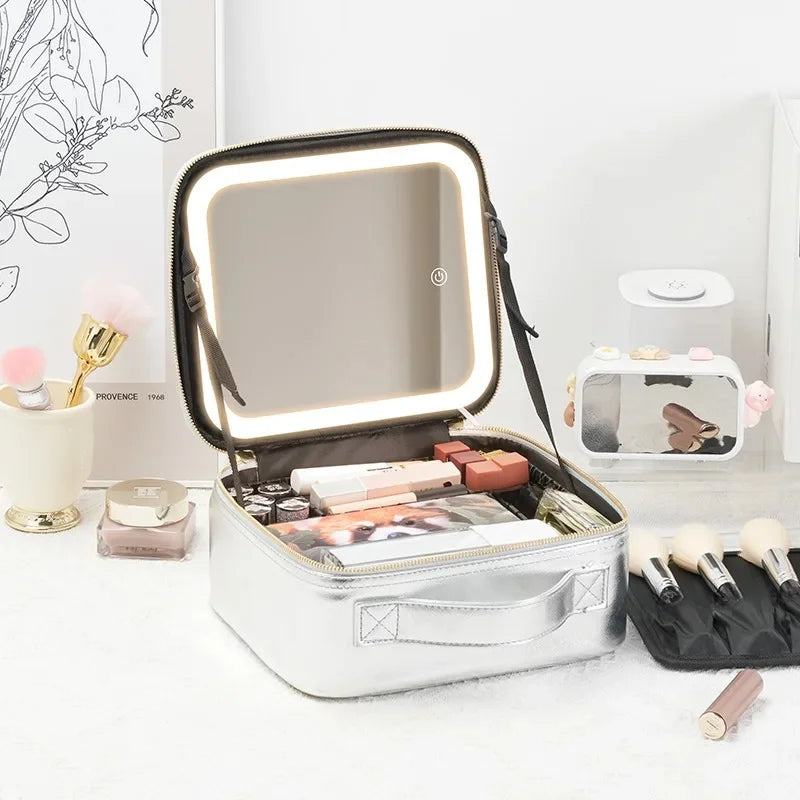 Large Capacity Professional Makeup Case with LED Mirror – Portable Cosmetic Train Case with Adjustable Dividers – Waterproof Travel Organizer Bag with Touch Light