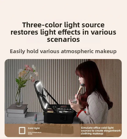 Large Capacity Professional Makeup Case with LED Mirror – Portable Cosmetic Train Case with Adjustable Dividers – Waterproof Travel Organizer Bag with Touch Light