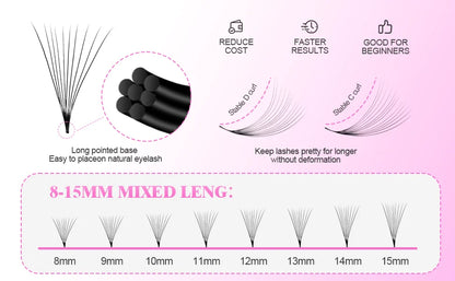 Pointy Base Premade Volume Lash Extensions – Loose Promade Fans Box – 6D/8D/10D Mega Volume Eyelash Extension Supplies for Professionals (Matte Black)