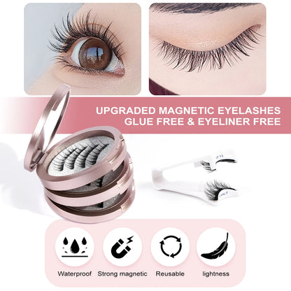 MAGEFY 3 Pairs Magnetic Eyelashes with Applicator – Glue-Free Reusable False Lashes Kit – Natural Look Wispy Extension Set with Portable Mirror Case for Travel