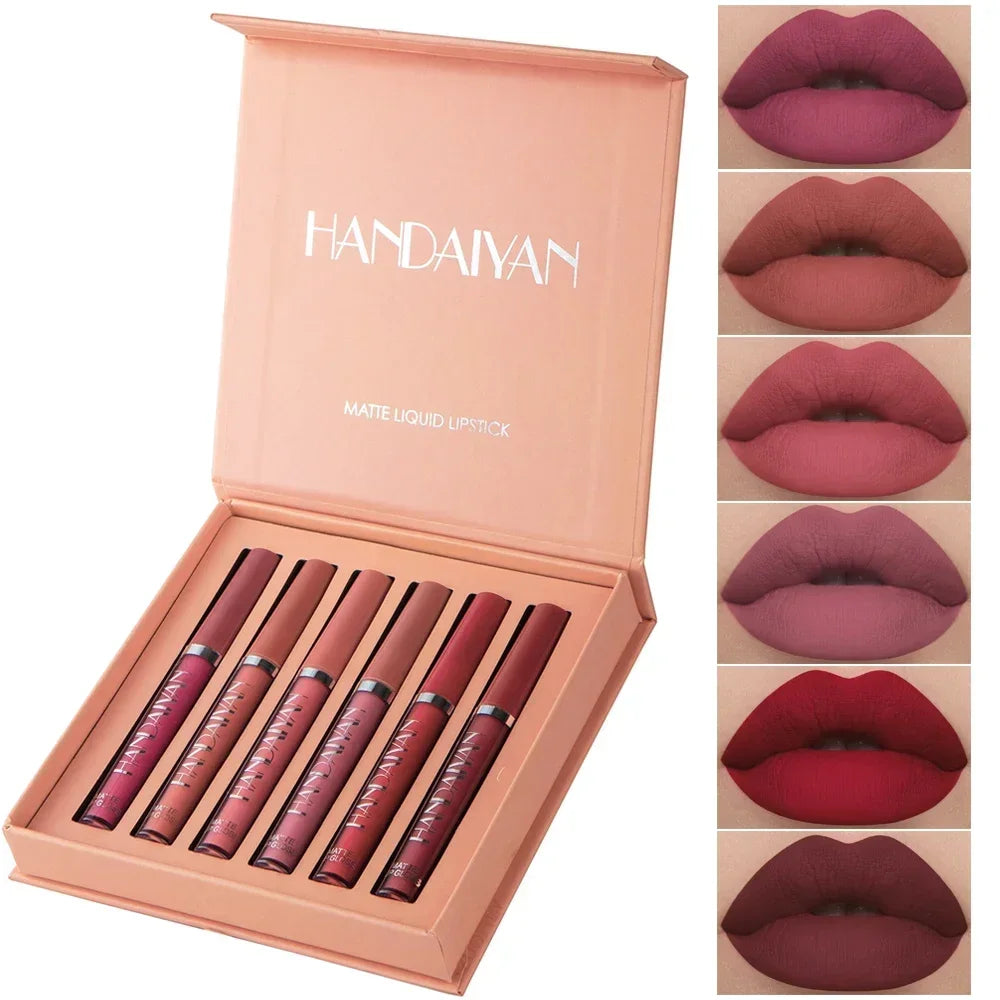 HANDAIYAN 6Pcs Matte Liquid Lipstick Makeup Set – Waterproof Long-Lasting Velvet Lip Gloss Kit – High Pigment Nude & Red Lip Tint Gift Box for Women