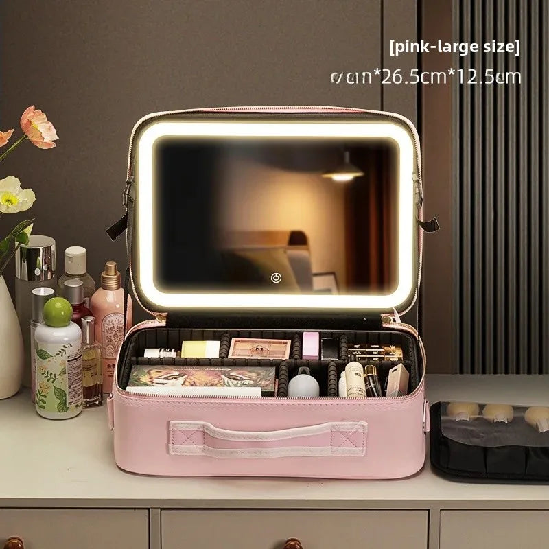Large Capacity Professional Makeup Case with LED Mirror – Portable Cosmetic Train Case with Adjustable Dividers – Waterproof Travel Organizer Bag with Touch Light