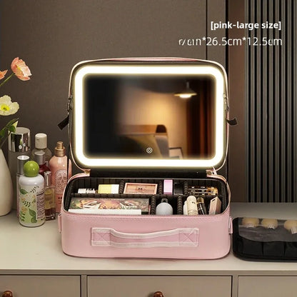 Large Capacity Professional Makeup Case with LED Mirror – Portable Cosmetic Train Case with Adjustable Dividers – Waterproof Travel Organizer Bag with Touch Light