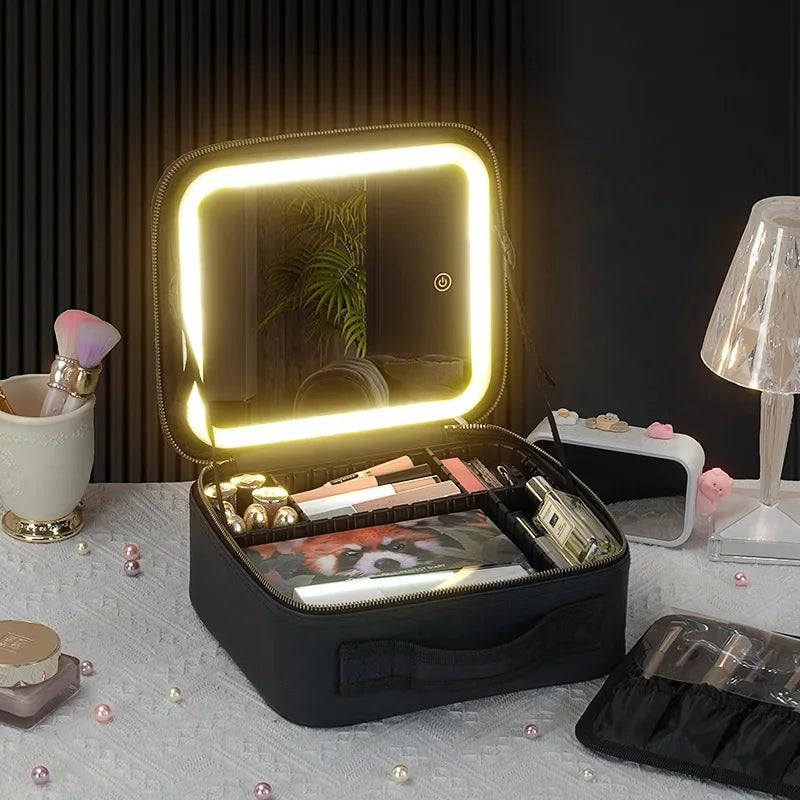 Large Capacity Professional Makeup Case with LED Mirror – Portable Cosmetic Train Case with Adjustable Dividers – Waterproof Travel Organizer Bag with Touch Light