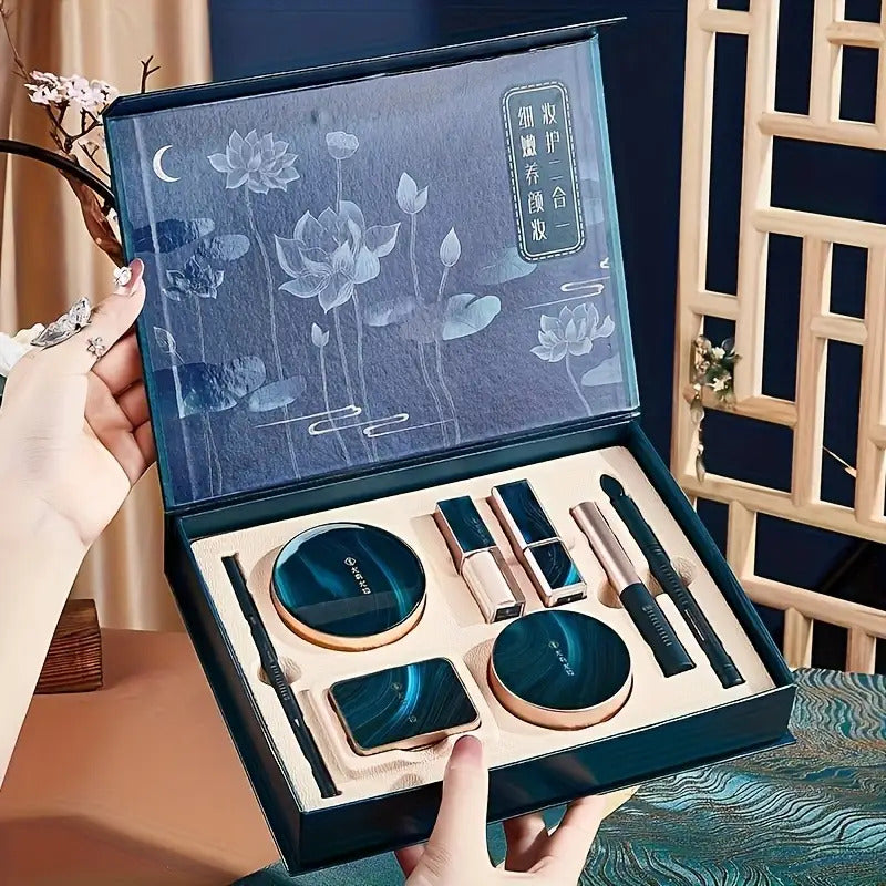 8Pcs Luxury All-in-One Makeup Gift Set – Complete Face Cosmetic Kit with Carved Lipstick, Air Cushion BB Cream, Eyeshadow, & Blush – Eastern Style Beauty Box