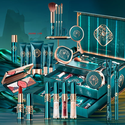 Ultimate 23-Piece Luxury Makeup & Skincare Set – All-in-One Full Face Beauty Kit in Large Vintage Jewelry Chest – Includes Eyeshadow, Lipstick, Foundation & Creams